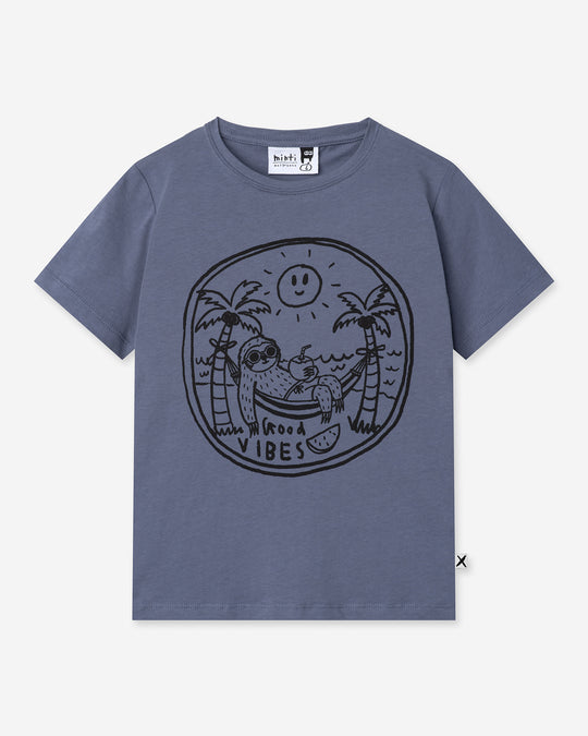 Chill Sloth Tee in muted blue, boys t shirt by Minti, flat lay