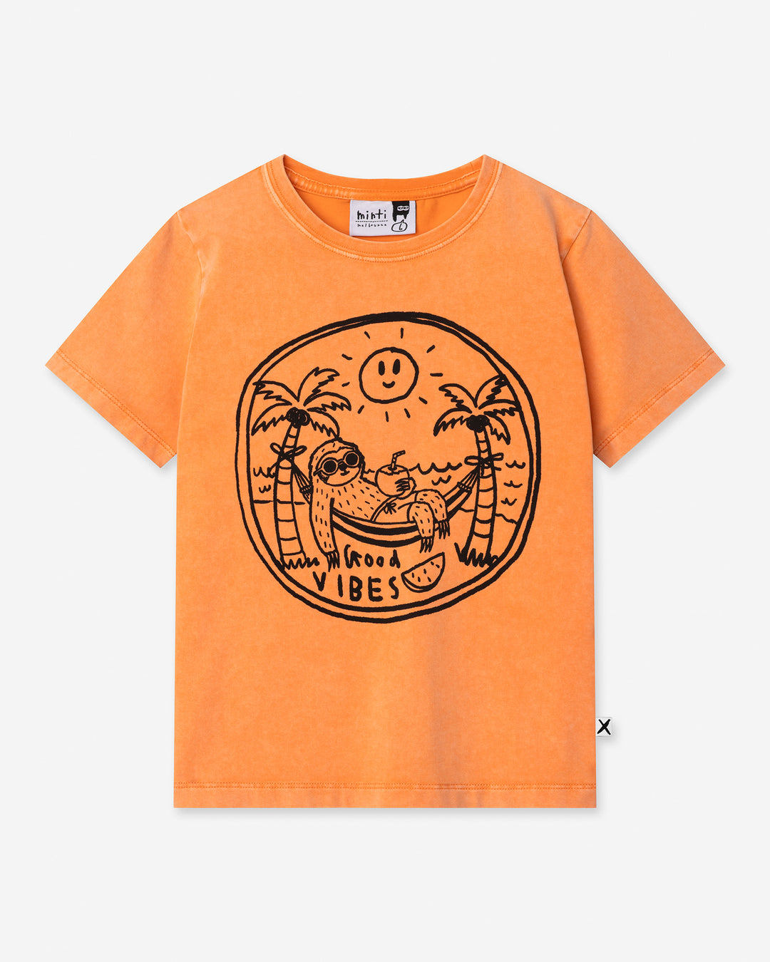Chill Sloth Tee in orange wash, boys t shirt by Minti, flat lay