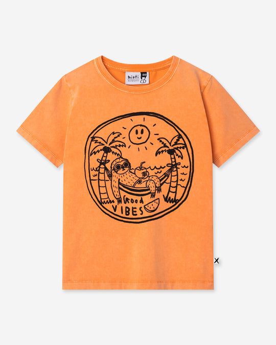 Chill Sloth Tee in orange wash, boys t shirt by Minti, flat lay