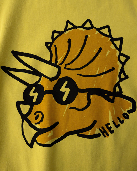 Close up of the Cool Dino Tee print in zest