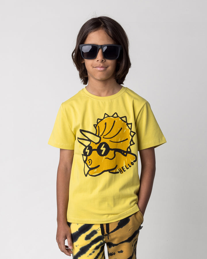Close up of the Cool Dino Tee in zest on a kid, front view