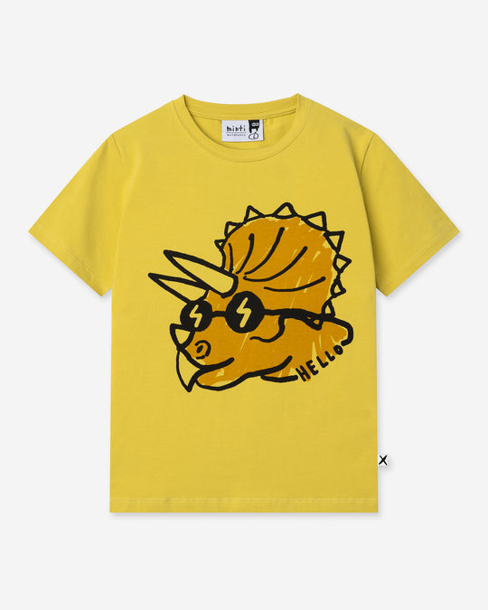 Cool Dino Tee in zest, boys t shirt by Minti, flat lay