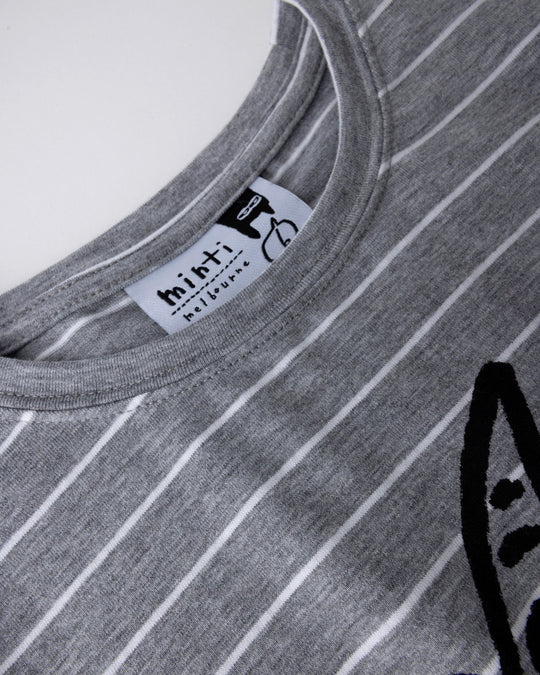Close up detail of the Cool Pterodactyl Tee in grey stripe