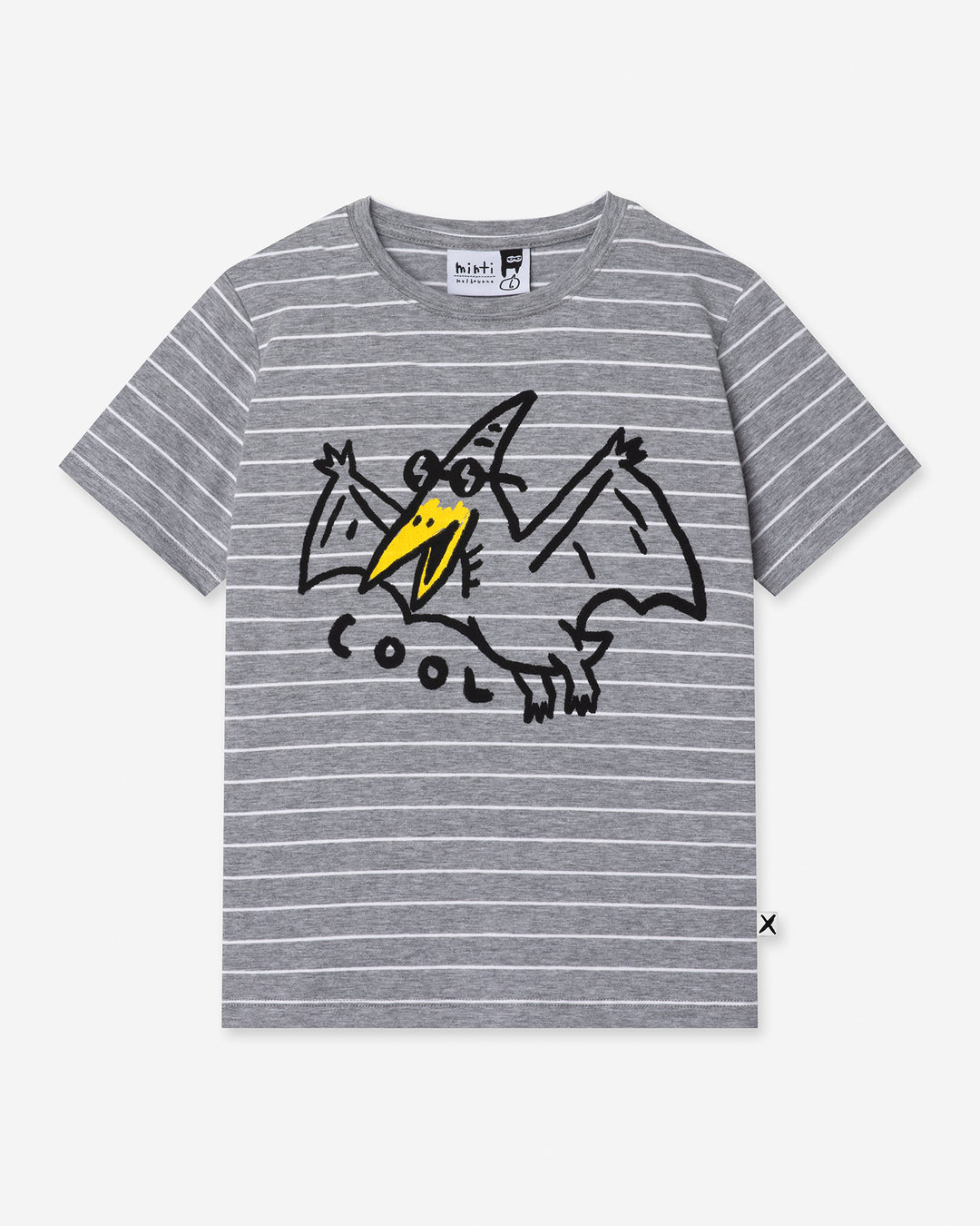 Cool Pterodactyl Tee in grey stripe, boys t shirt by Minti, flat lay