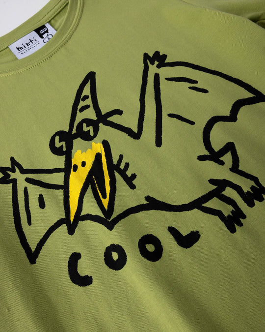 Close up of the Cool Pterodactyl Tee print in lime