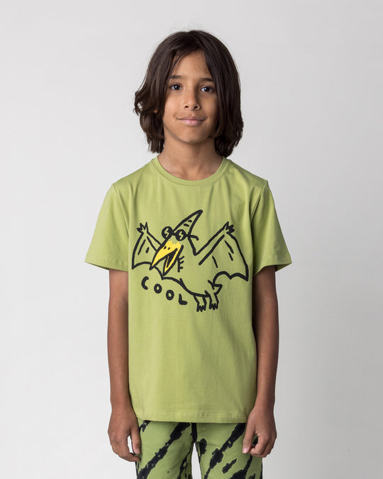 Close up of the Cool Pterodactyl Tee in lime on a kid, front view