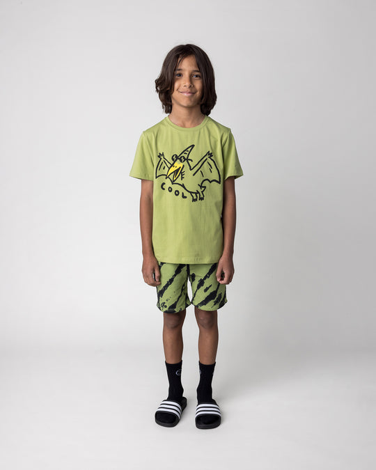 Kid wearing the Cool Pterodactyl Tee in lime with the Strike Short in lime, front view