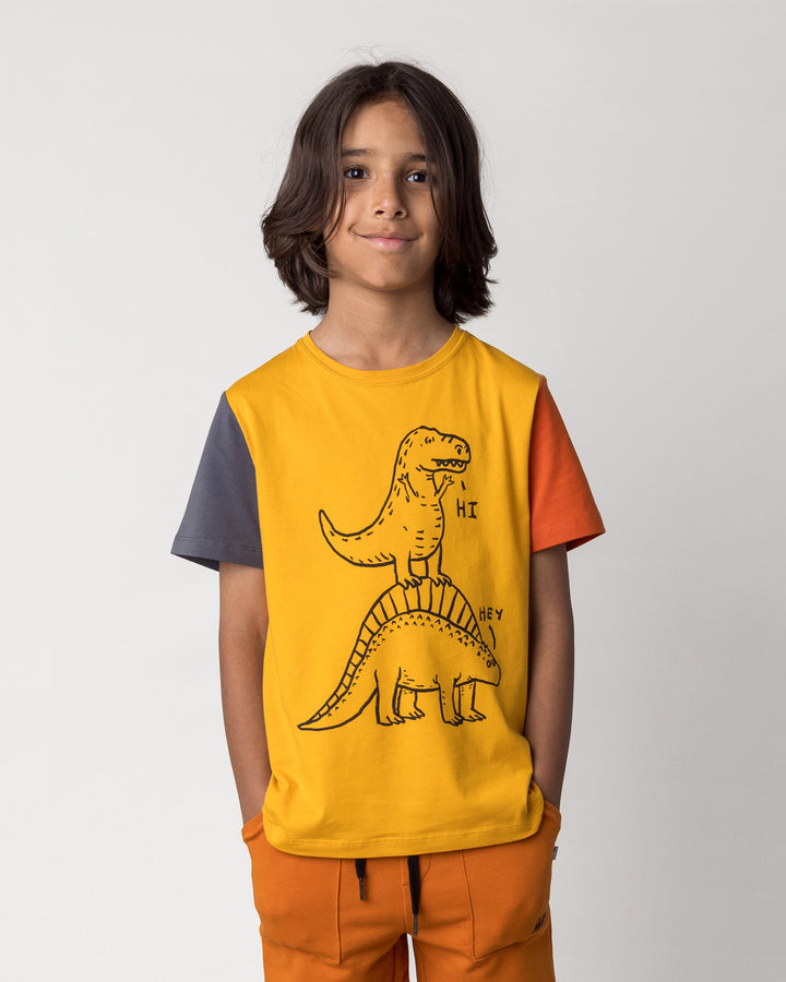Close up of the Dino Ride Tee in mustard, grey and orange on a kid, front view
