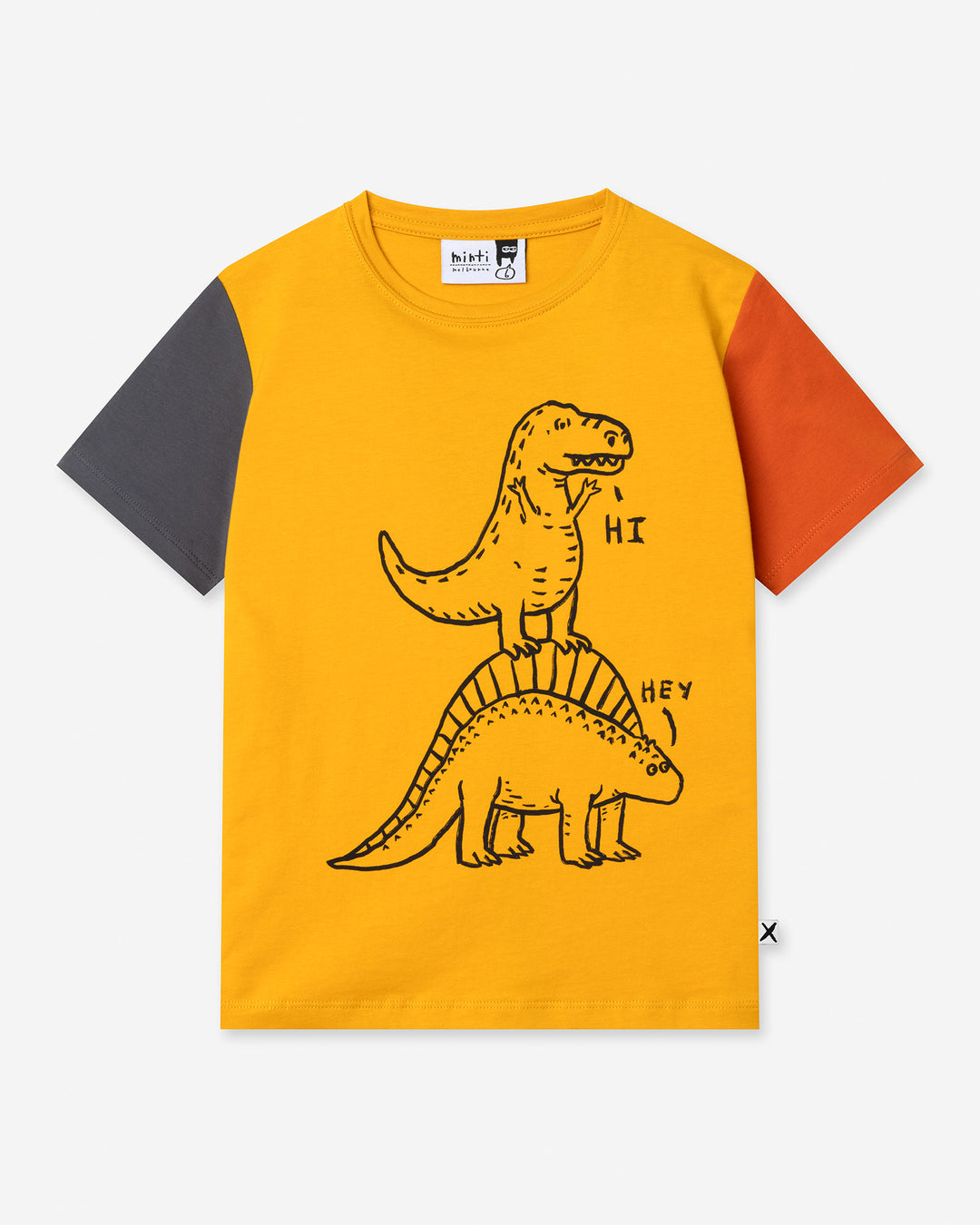 Dino Ride Tee in mustard, grey and orange, boys t shirt by Minti, flat lay