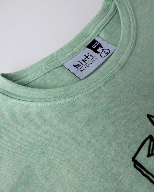Close up detail of the Fast Panda Tee in green marle