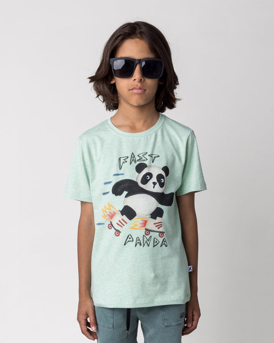 Close up of the Fast Panda Tee in green marle on a kid, front view