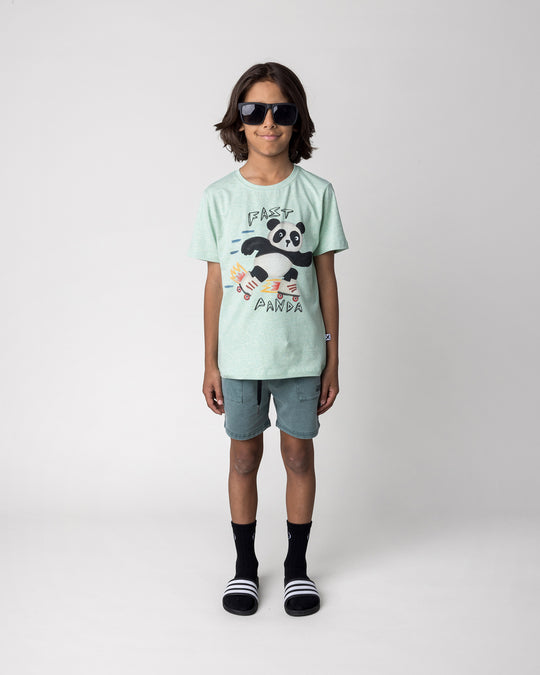 Kid wearing the Fast Panda Tee in green marle with the Blasted Track Short in forest wash, front view