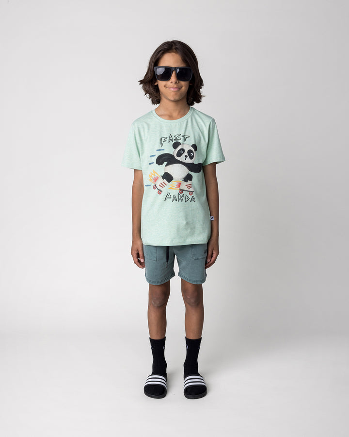 Kid wearing the Fast Panda Tee in green marle with the Blasted Track Short in forest wash, front view