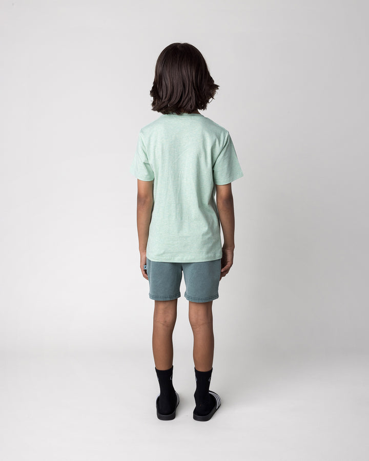 Kid wearing the Fast Panda Tee in green marle with the Blasted Track Short in forest wash, back view