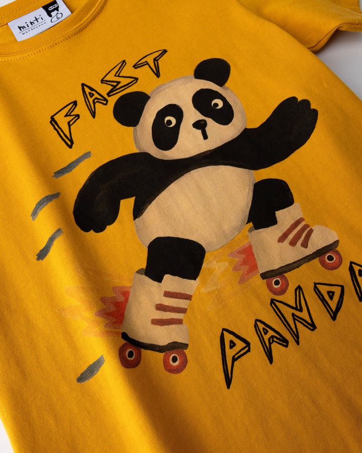 Close up of the Fast Panda Tee print in mustard