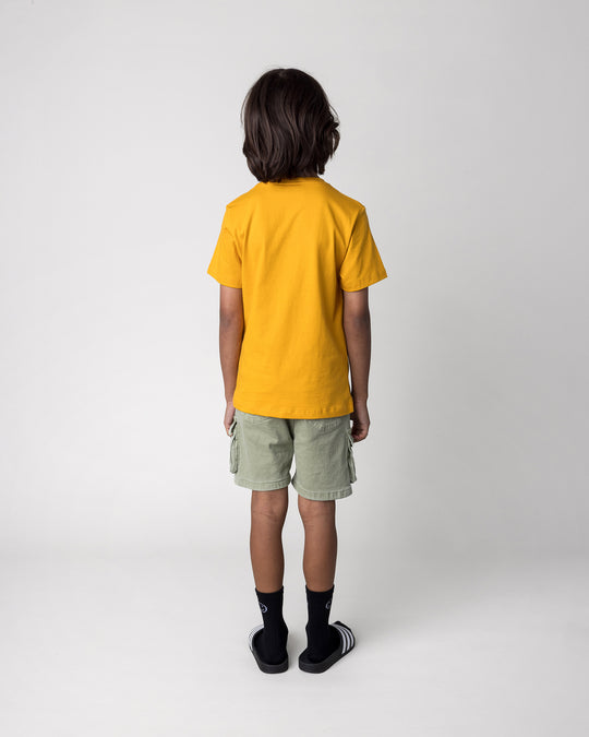 Kid wearing the Fast Panda Tee in mustard, back view