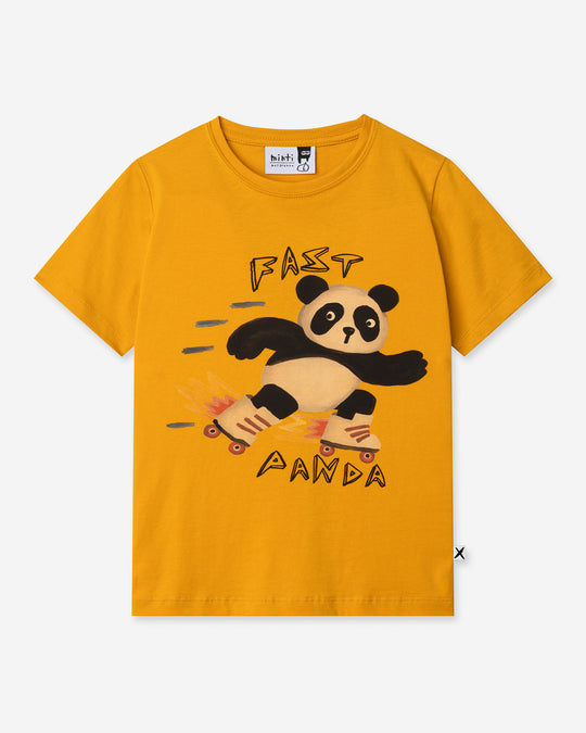 Fast Panda Tee in mustard, boys t shirt by Minti, flat lay