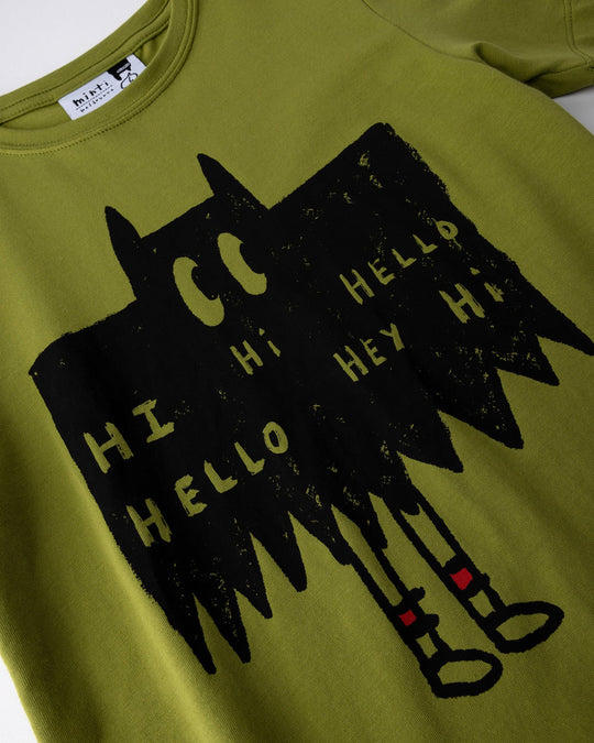 Close up of the Greetings Bat Tee print in olive