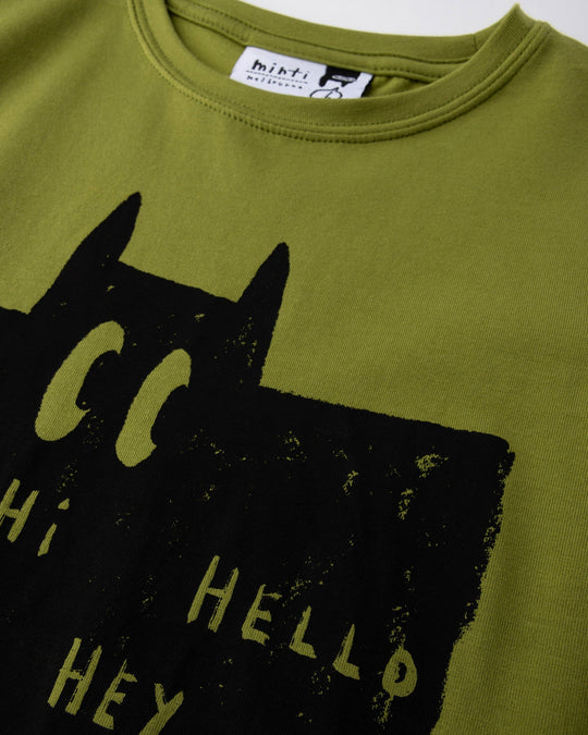 Close up of the Greetings Bat Tee print in olive