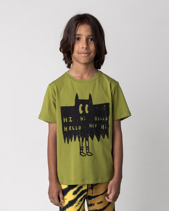 Close up of the Greetings Bat Tee in olive on a kid, front view
