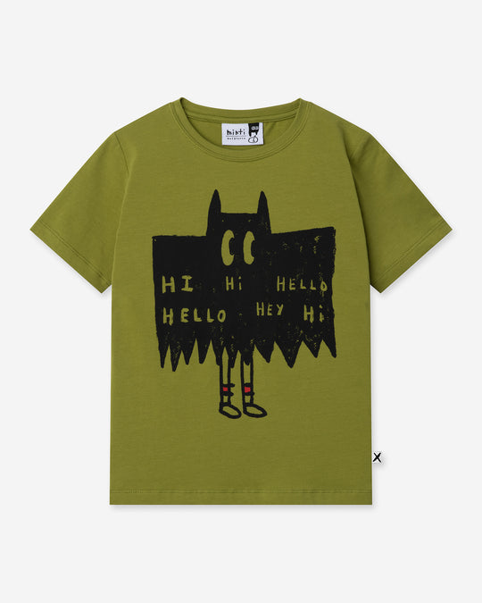 Greetings Bat Tee in olive, boys t shirt by Minti, flat lay