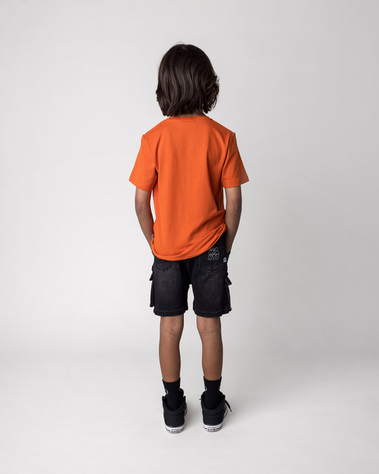 Kid wearing the Greetings Bat Tee in orange, back view