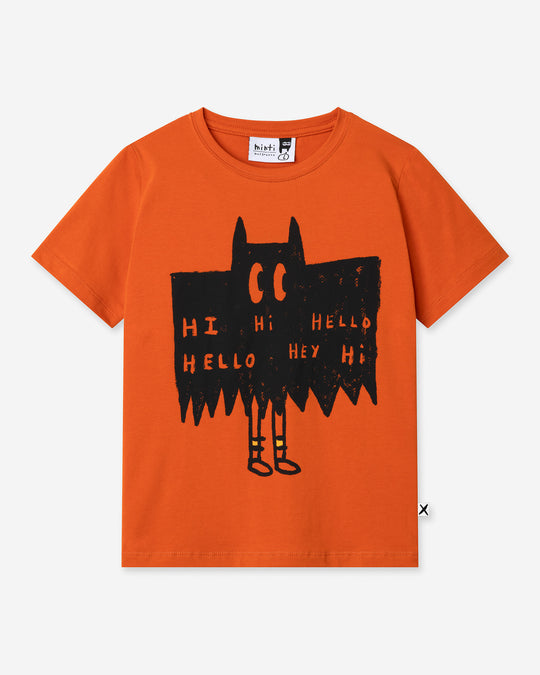 Greetings Bat Tee in orange, boys t shirt by Minti, flat lay