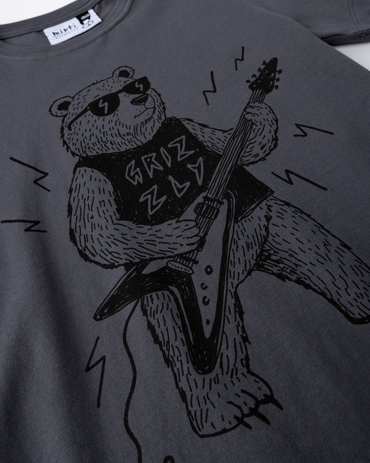 Close up of the Grizzly Tee print in dark grey