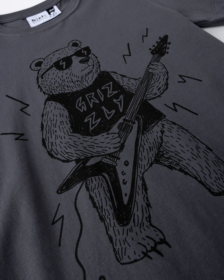Close up of the Grizzly Tee print in dark grey