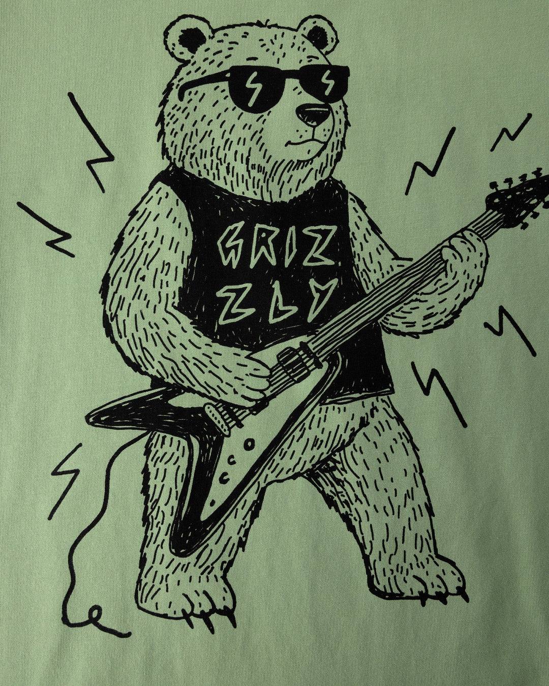 Close up of the Grizzly Tee print in sage, yellow and midnight