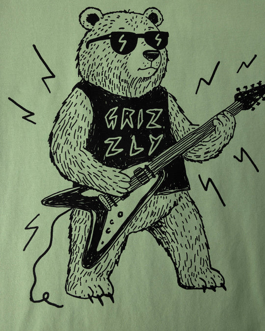 Close up of the Grizzly Tee print in sage, yellow and midnight