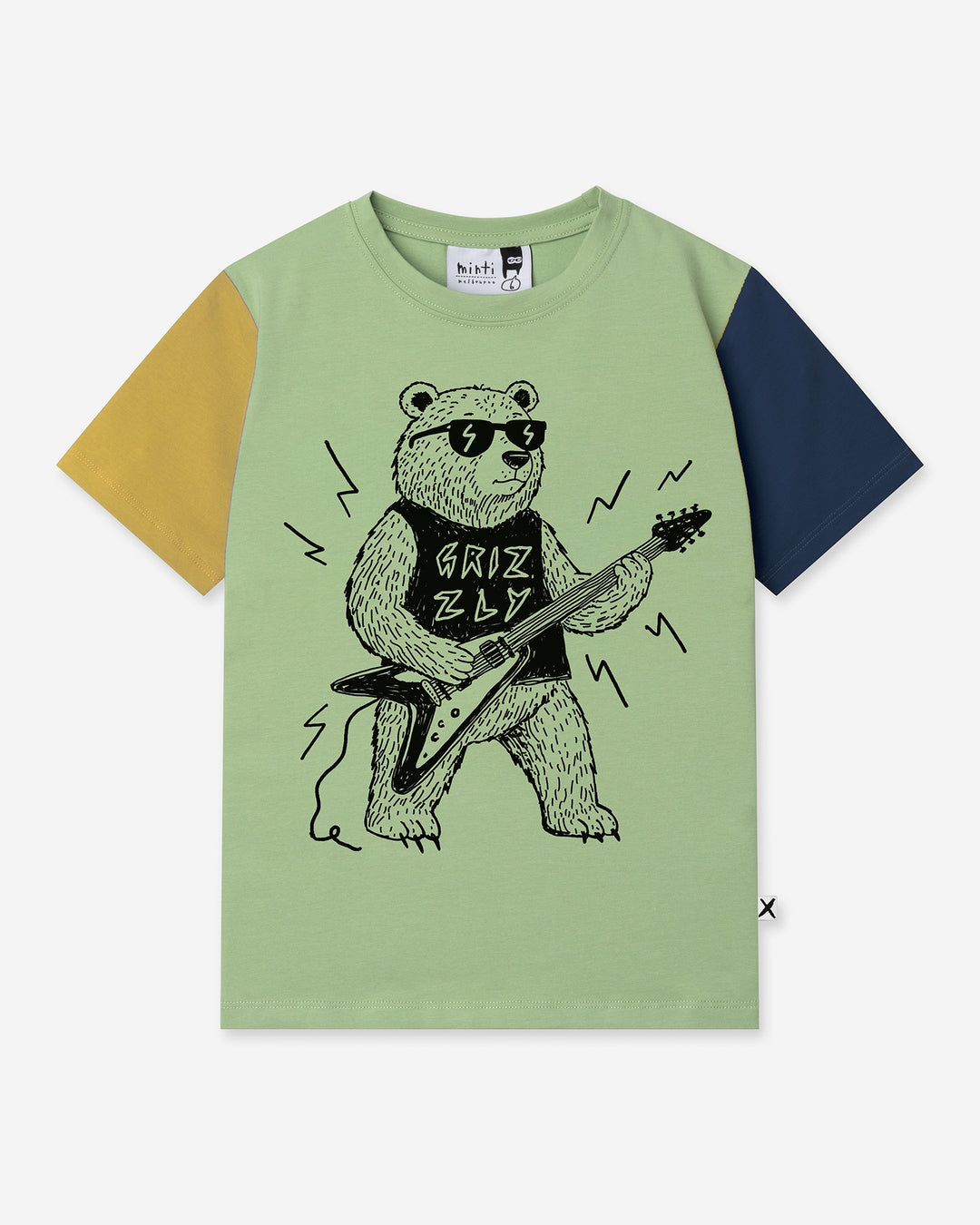 Grizzly Tee in sage, yellow and midnight, boys t shirt by Minti, flat lay