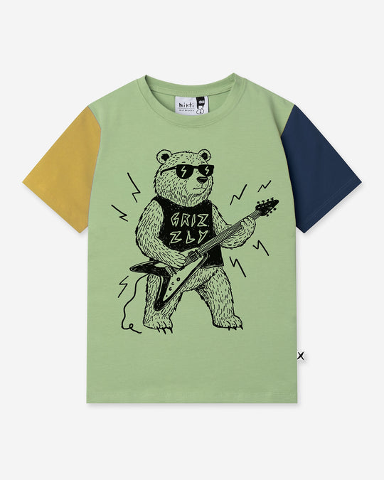 Grizzly Tee in sage, yellow and midnight, boys t shirt by Minti, flat lay