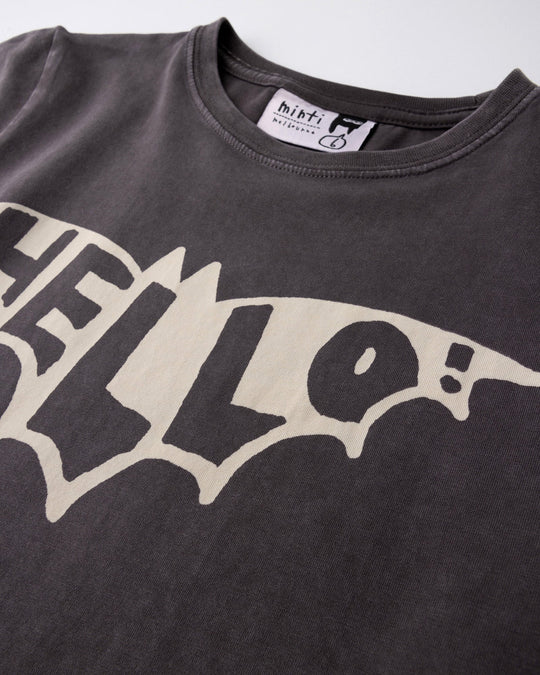 Close up of the Hello Bat Tee print in black wash