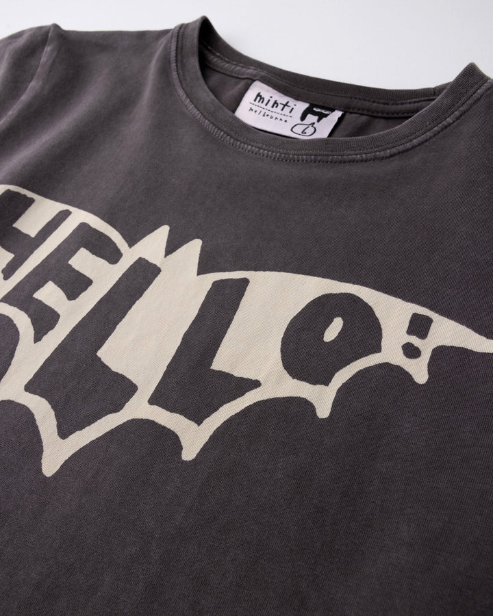 Close up of the Hello Bat Tee print in black wash