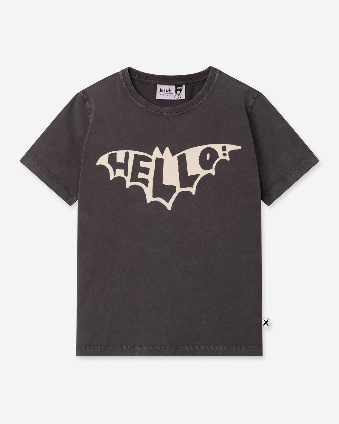 Hello Bat Tee in black wash, boys t shirt by Minti, flat lay