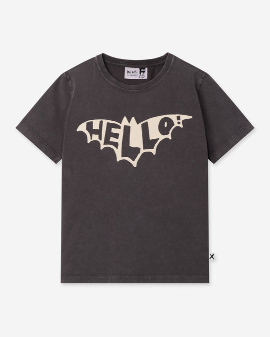 Hello Bat Tee in black wash, boys t shirt by Minti, flat lay