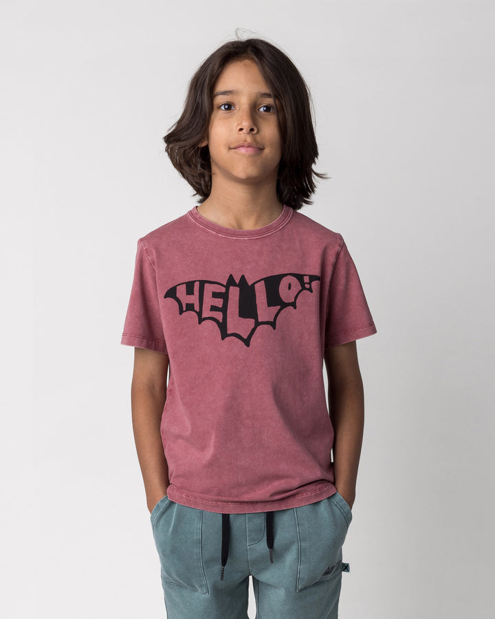 Close up of the Hello Bat Tee in burnt red wash on a kid, front view