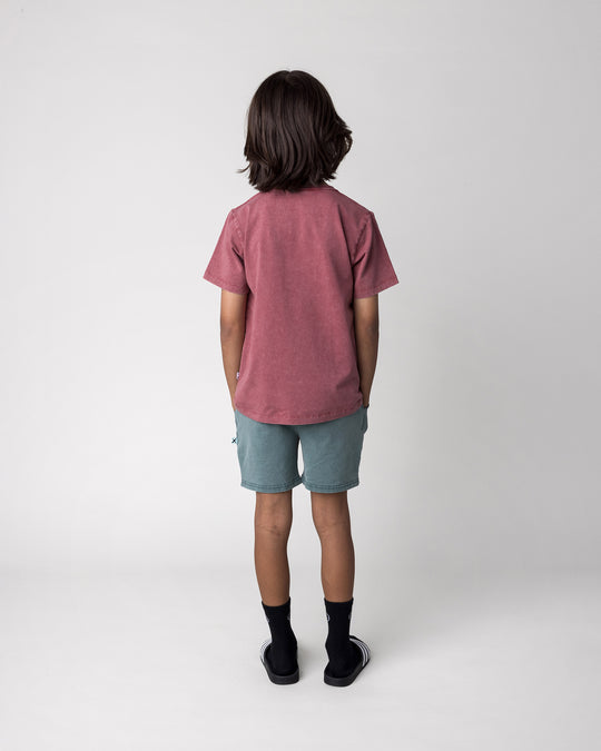 Kid wearing the Hello Bat Tee in burnt red wash with the Blasted Track Short in forest wash, back view