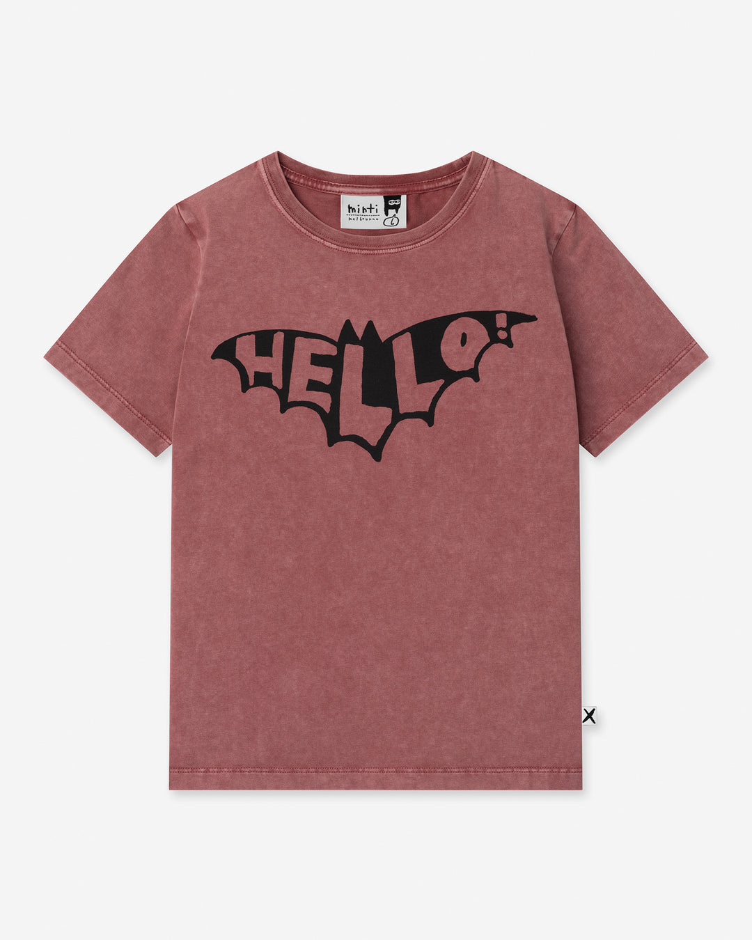 Hello Bat Tee in burnt red wash, boys t shirt by Minti, flat lay
