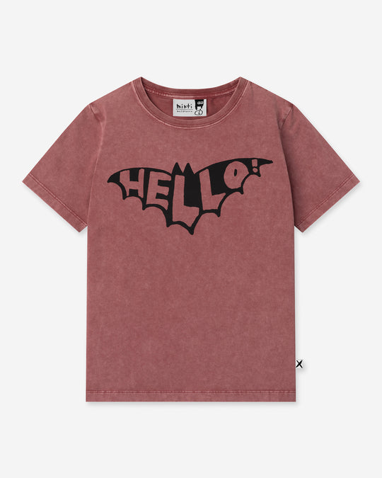 Hello Bat Tee in burnt red wash, boys t shirt by Minti, flat lay