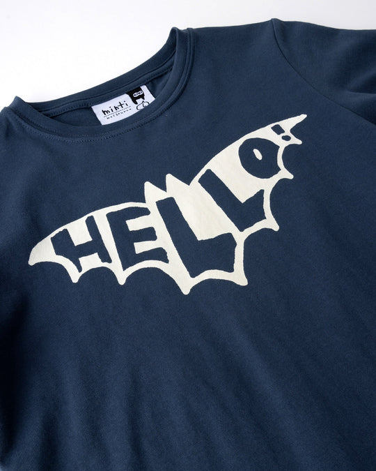 Close up of the Hello Bat Tee print in ink