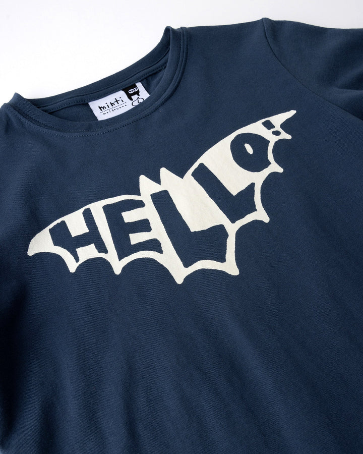 Close up of the Hello Bat Tee print in ink