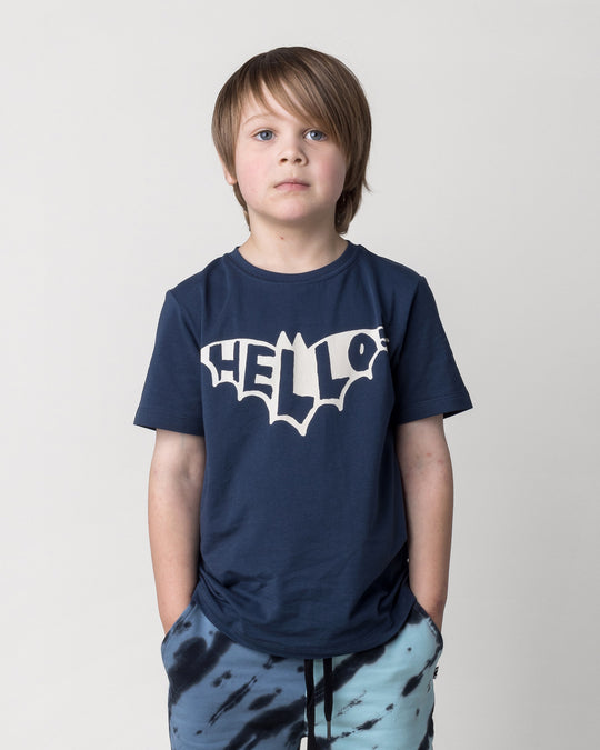 Close up of the Hello Bat Tee in ink on a kid, front view