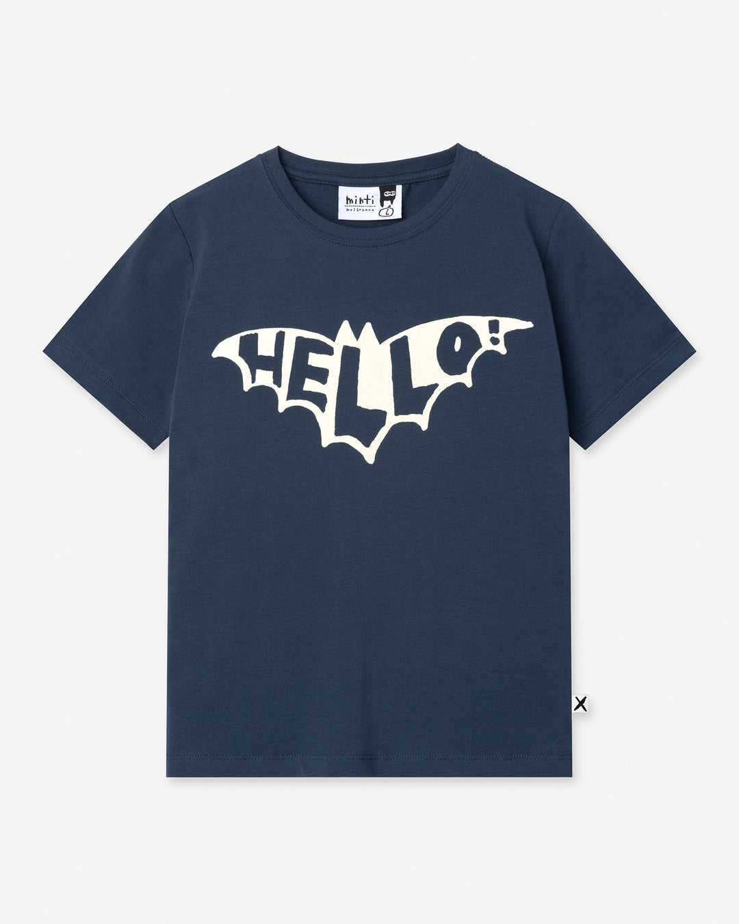 Hello Bat Tee in ink, boys t shirt by Minti, flat lay