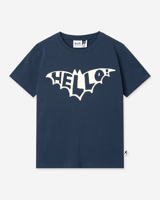 Hello Bat Tee in ink, boys t shirt by Minti, flat lay