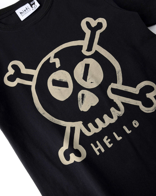 Close up of the Hello Skull Tee print in black