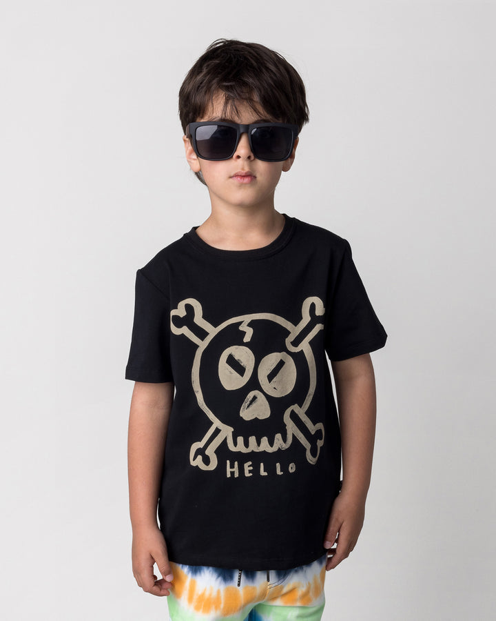 Close up of the Hello Skull Tee in black on a kid, front view