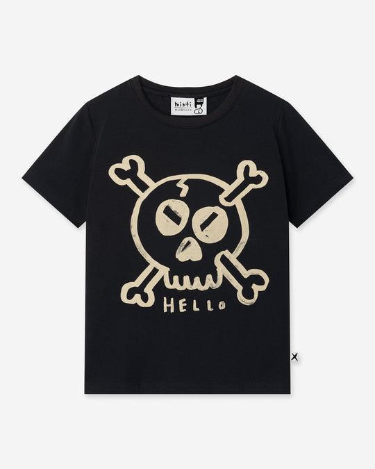 Hello Skull Tee in black, boys t shirt by Minti, flat lay