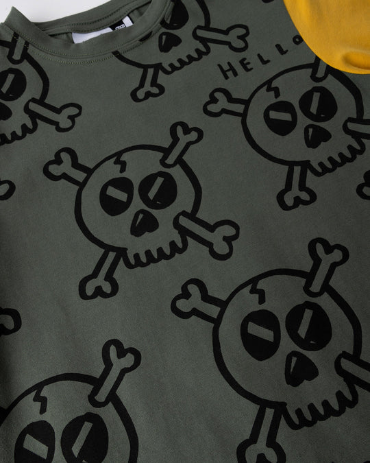 Close up of the Hello Skull Tee print in forest, dark grey and yellow